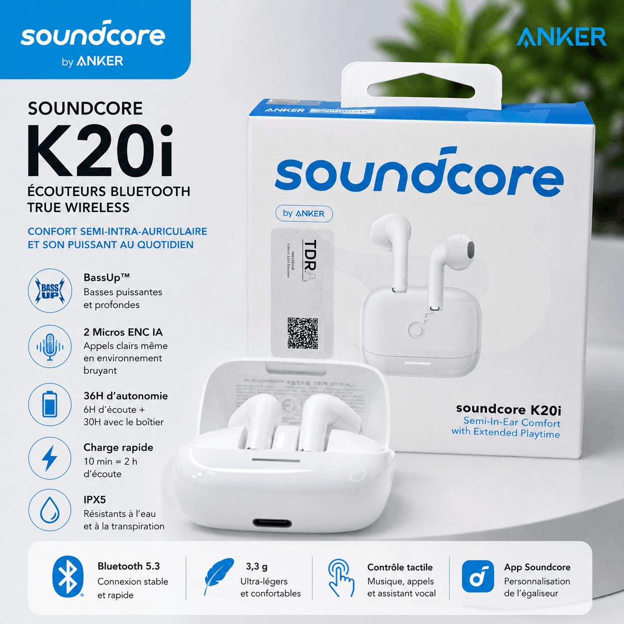 Anker Soundcore K20i Original – Écouteurs Bluetooth 5.3 HD , ENC IA & 36H d’Autonomie