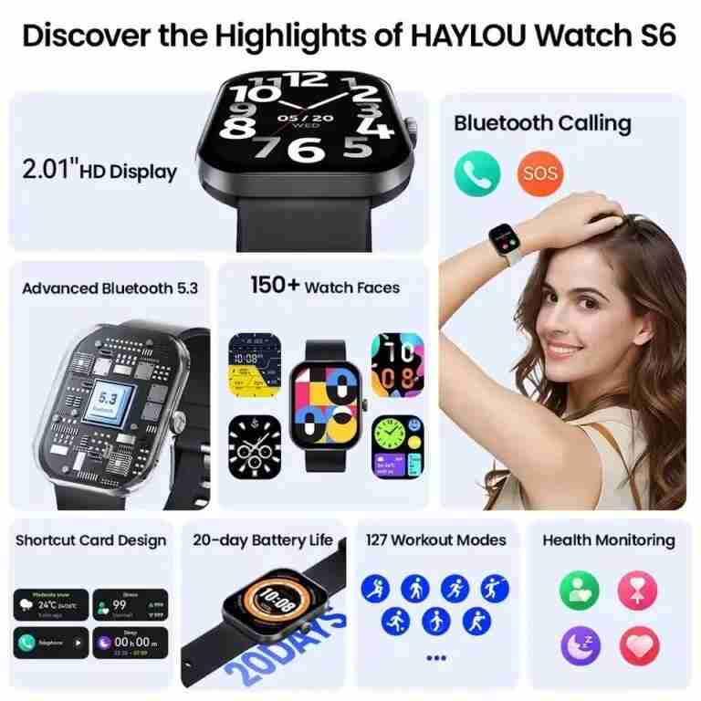 Xiaomi HAYLOU Watch S6 – Smart Watch Bluetooth 5.3 , Écran HD 2.01"  ,  Appels Bluetooth