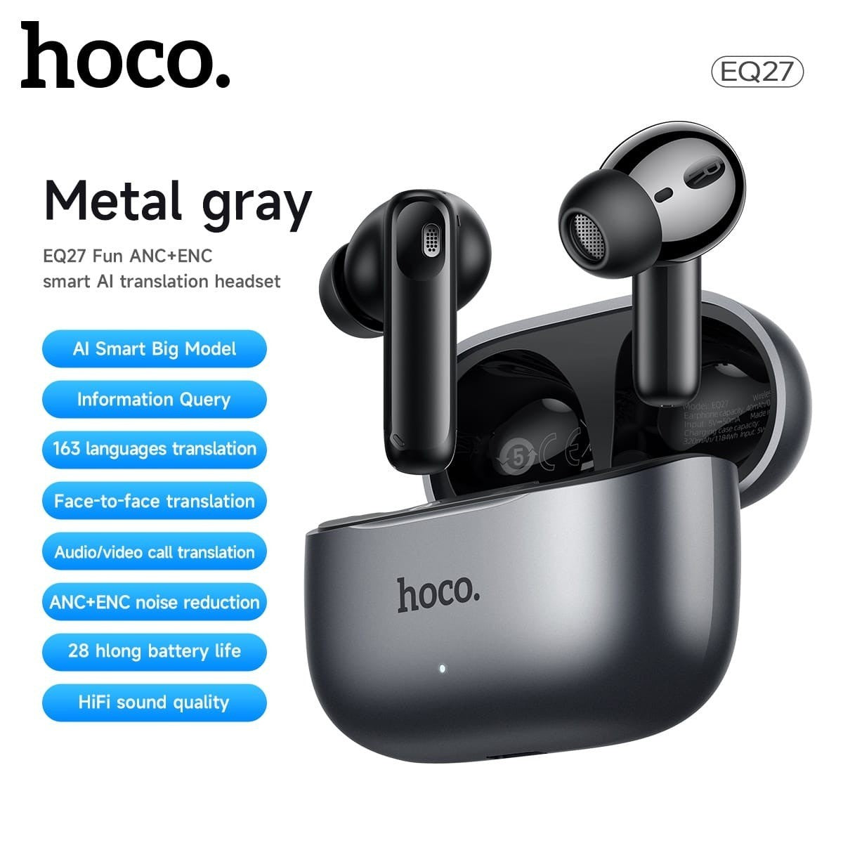 Hoco EQ27 (AI) – Écouteurs Bluetooth 5.4 avec ANC, ENC & Traduction IA