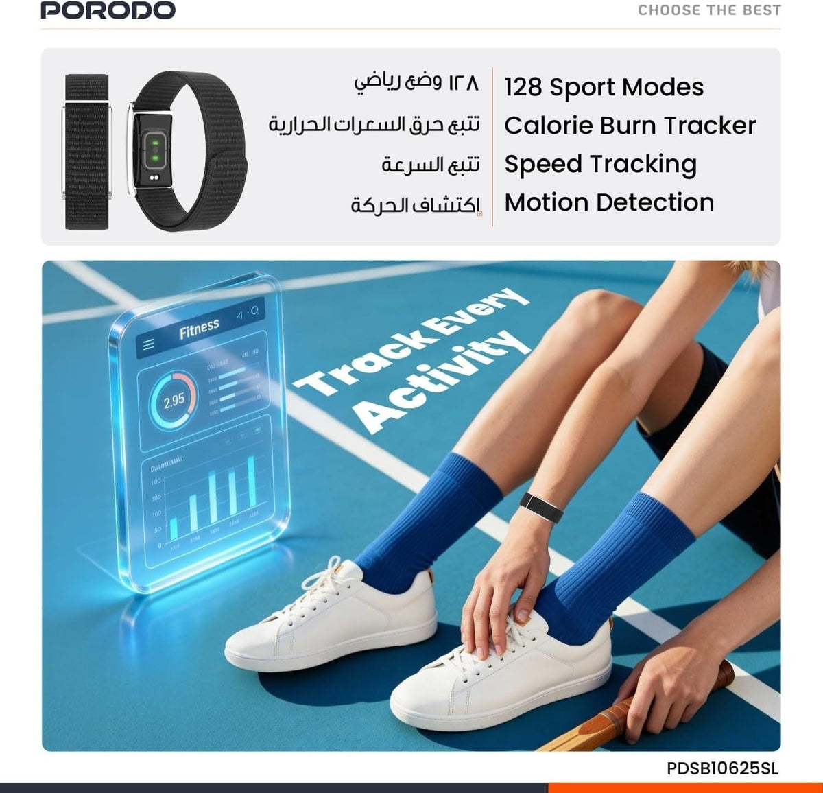 Porodo TrackFit – Bracelet Connecté Smart Fitness Bluetooth 5.4 avec 30 Jours d’Autonomie