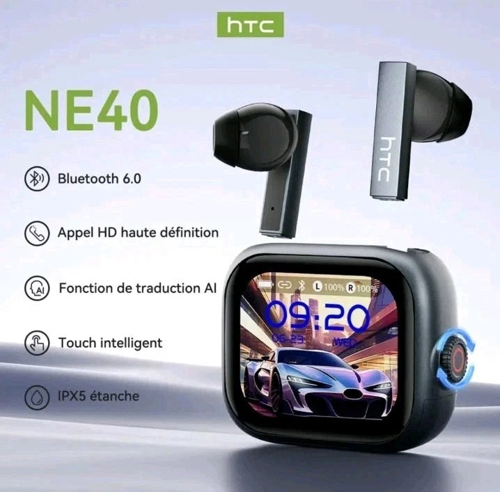 HTC NE40 – Écouteurs Bluetooth 6.0 avec Traduction IA, Écran LED & Réduction de Bruit