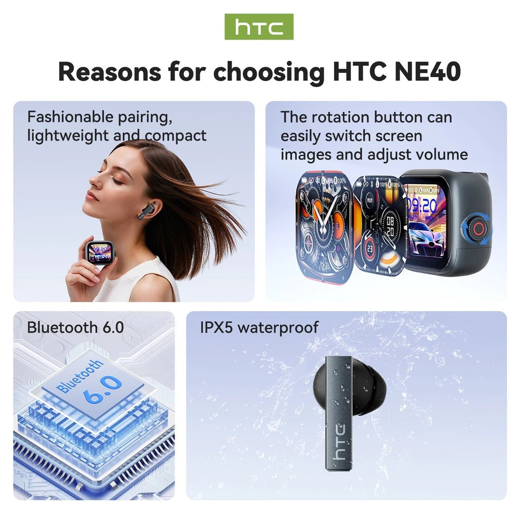HTC NE40 – Écouteurs Bluetooth 6.0 avec Traduction IA, Écran LED & Réduction de Bruit
