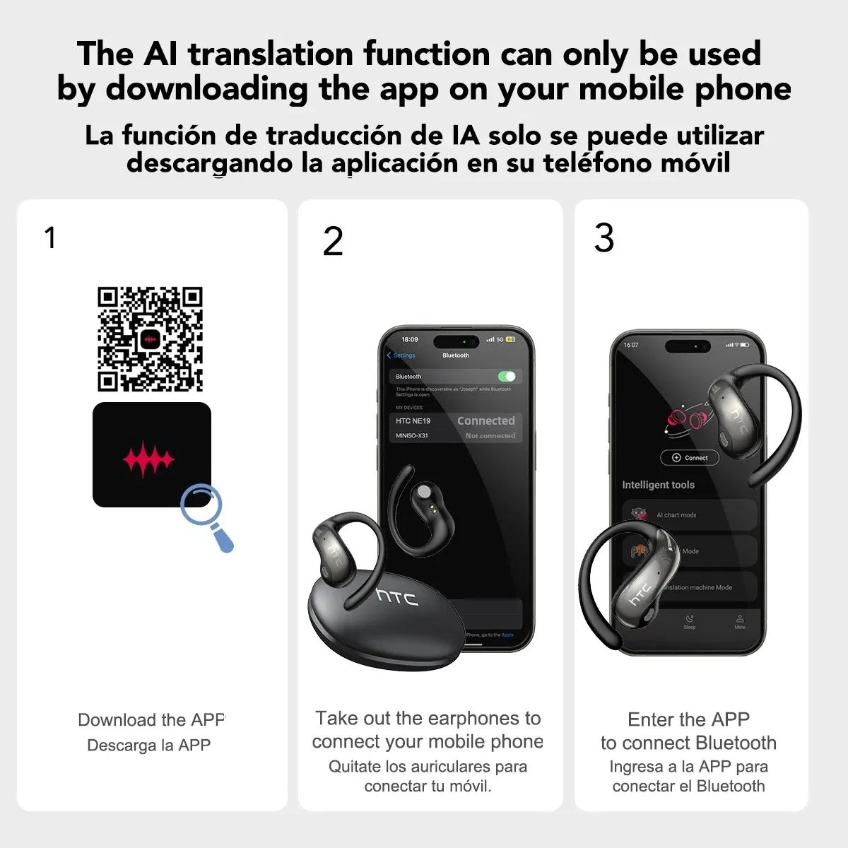 HTC NE19 – Écouteurs Bluetooth 6.0 avec Traduction IA 135 Langues