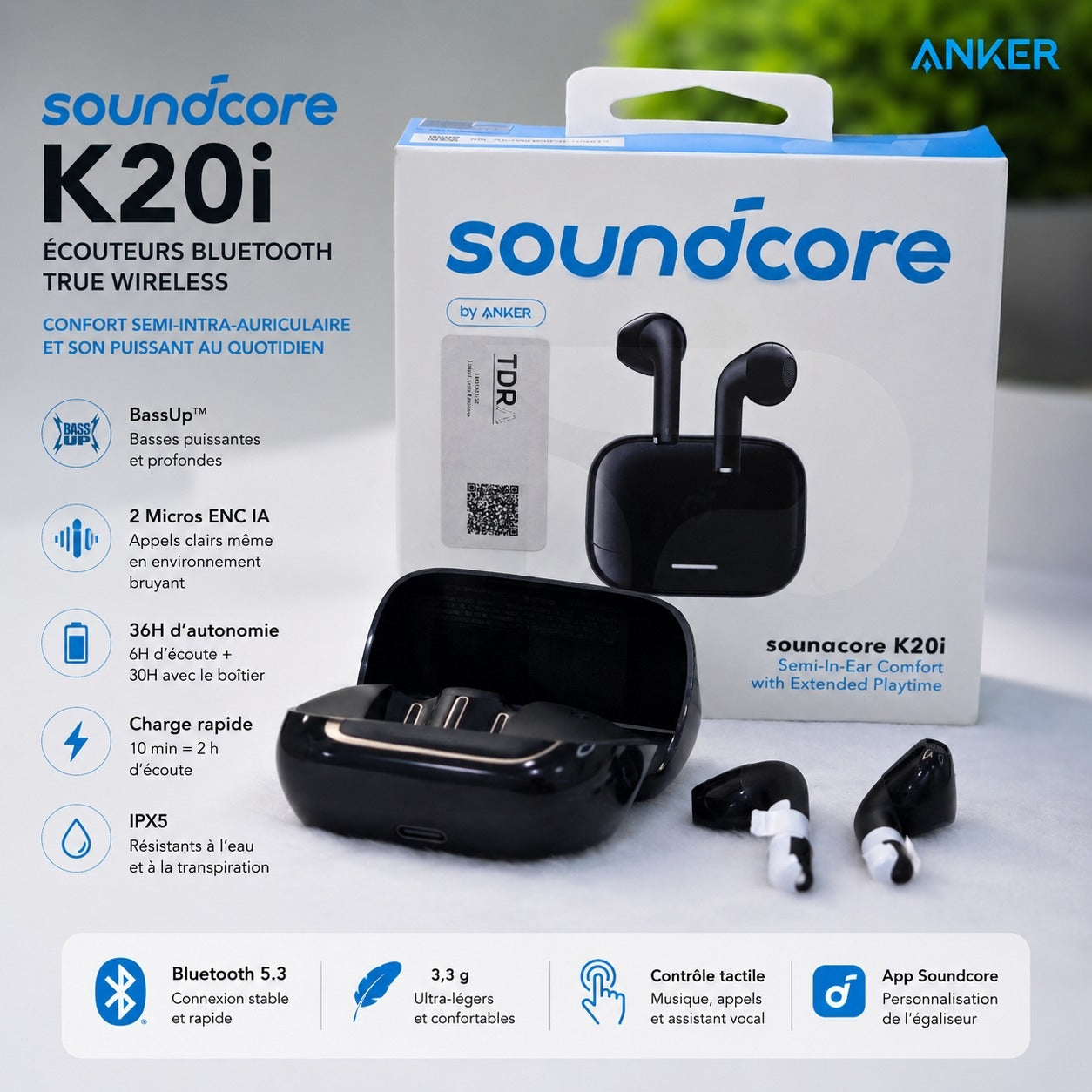 Anker Soundcore K20i Original – Écouteurs Bluetooth 5.3 HD , ENC IA & 36H d’Autonomie