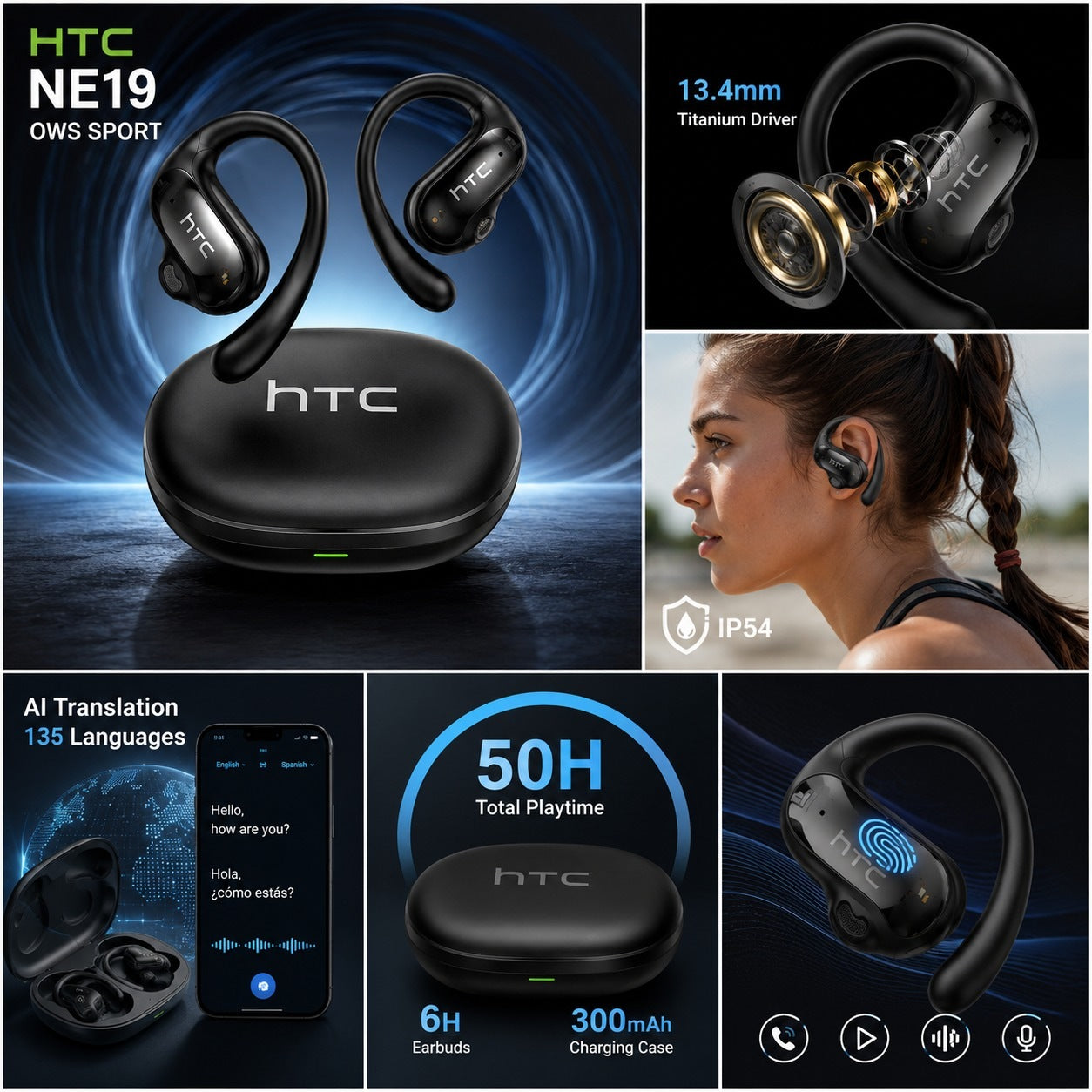 HTC NE19 – Écouteurs Bluetooth 6.0 avec Traduction IA 135 Langues